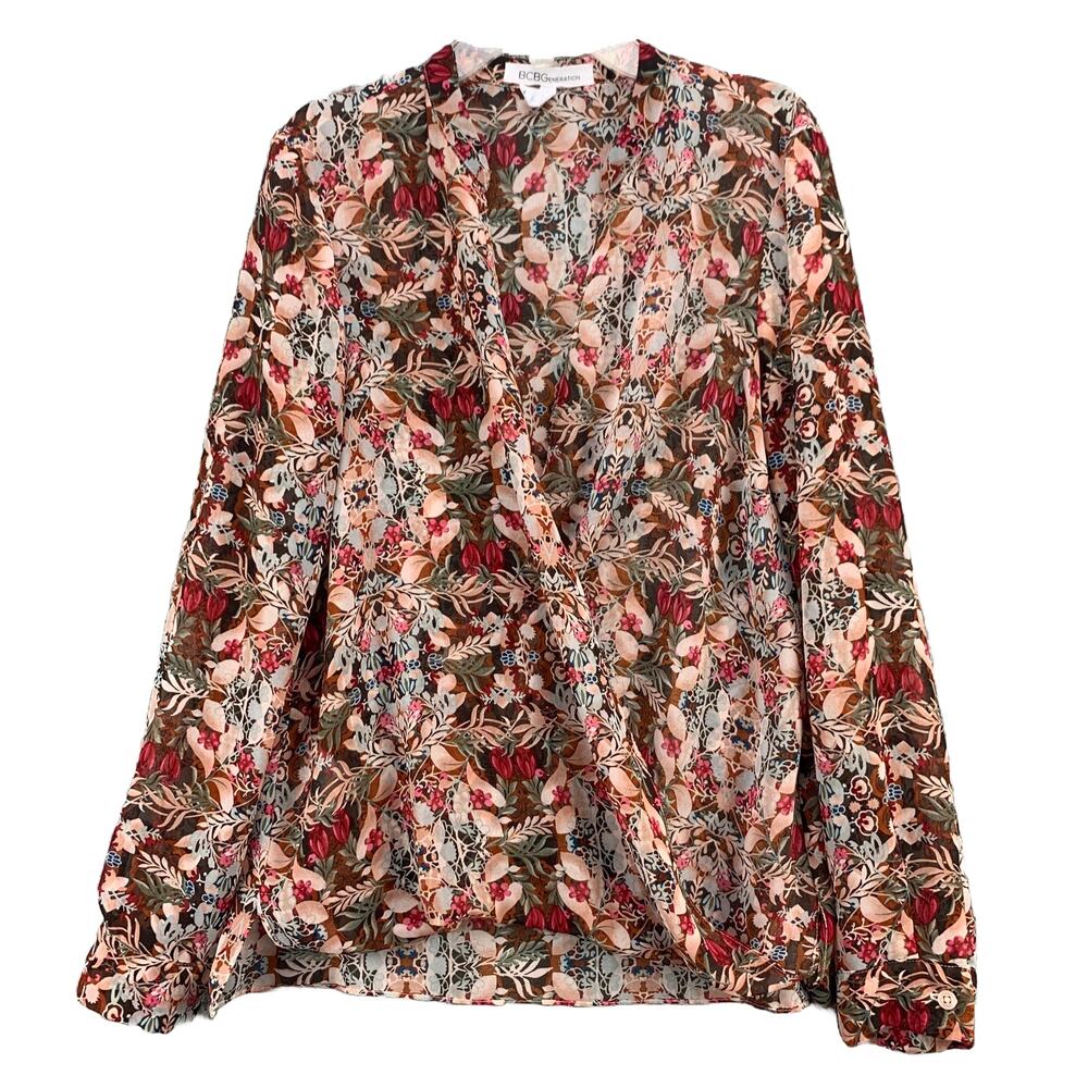 BCBGeneration Womens Floral Blouse Small Sheer Flowy Pleated Long Sleeve V Neck